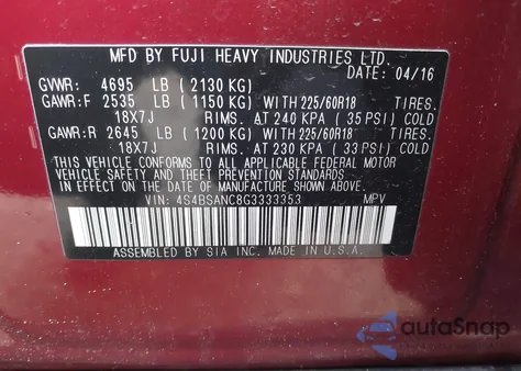 2016 Subaru Outback 2.5I Limited z USA, uszkodzony, nr VIN 4S4BSANC8G3333353